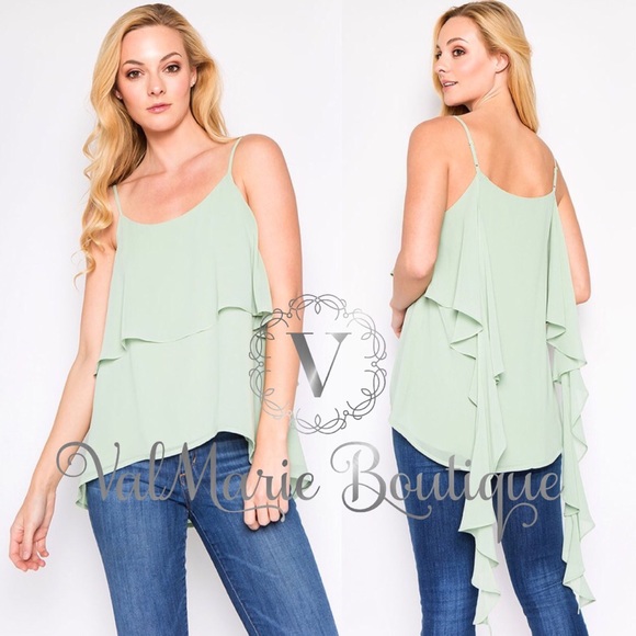 ValMarie Tops - Lined sage adjustable Cami ruffle tank top